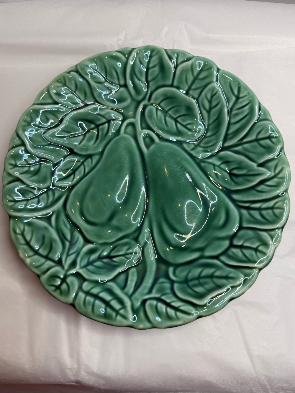 VTG Bordallo Pinheiro Green Majolica Pear Plate Made in Portugal "Pair of Pears"